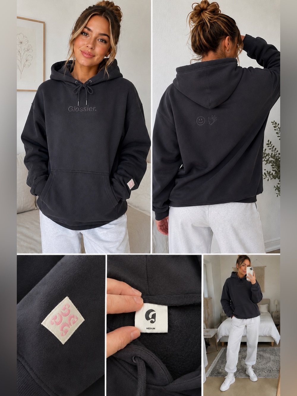 Glossier Heavyweight Embroidered Hoodie Medium Charcoal Pullover Logo Sweatshirt